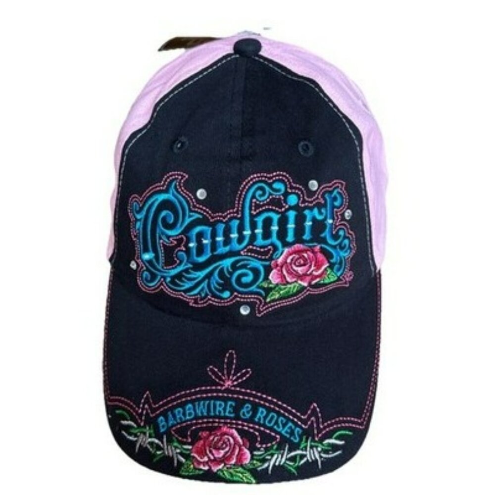 Cowgirl BallCap hat, 6 Panel embroidered stitching Barbwire and roses